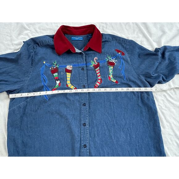 Karen Scott Happy Holidays 100% Cotton Denim Christmas Button Down Size 1X - Picture 6 of 9